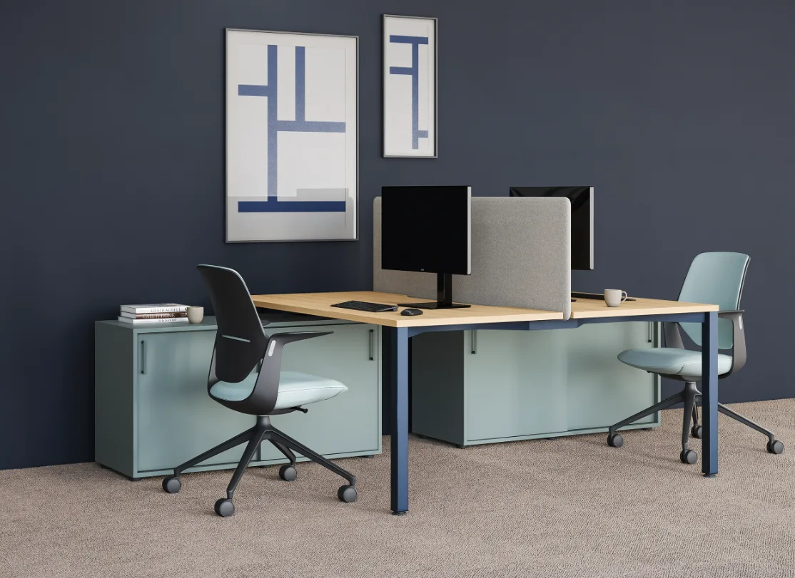 Mese office - Birou coworking cu dulapuri incluse si panou fonoabsorbant - MINIMUS