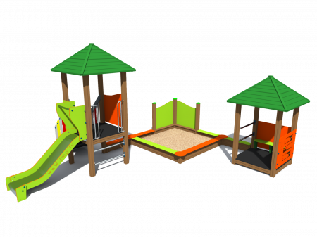 MOBILIER URBAN & LOCURI DE JOACA - BRL2003 Clasic Echipament loc de joaca exterior parc din lemn cu Scara Cataratoare Activitati Cutie de Nisip Bancuta si Tobogan