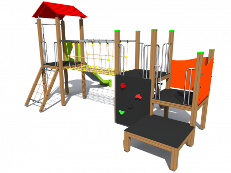 BRL21 Clasic Echipament loc de joaca exterior parc din lemn cu 4 Cataratoare Pod de Franghie si Tobogan [1]