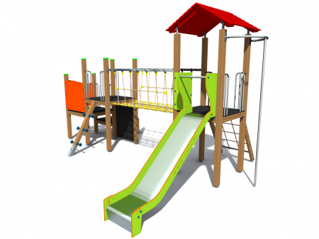 MOBILIER URBAN & LOCURI DE JOACA - BRL21 Clasic Echipament loc de joaca exterior parc din lemn cu 4 Cataratoare Pod de Franghie si Tobogan