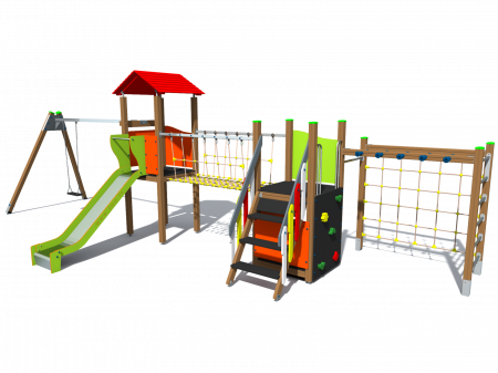 MOBILIER URBAN & LOCURI DE JOACA - BRL25 Clasic Echipament loc de joaca exterior parc din lemn cu Scara 2 Cataratoare Pod din Franghie Leagan si Tobogan