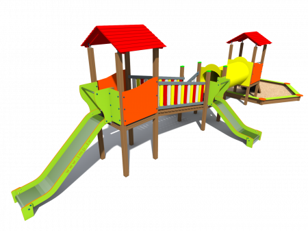 BRL3001 Clasic Echipament loc de joaca exterior parc din lemn cu Scara Cataratoare Pod Tunel Cutie cu Nisip si 2 Tobogane [1]