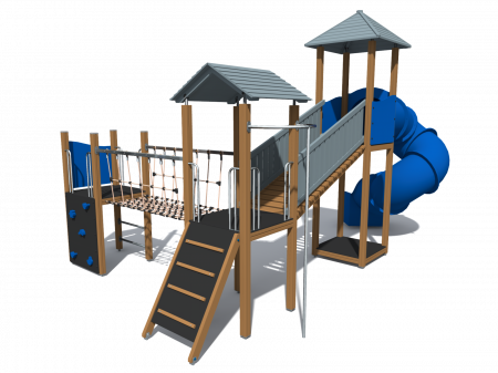 BRL34 Clasic Echipament loc de joaca exterior parc din lemn cu 3 Cataratoare Pod de Franghie si Tobogan [5]