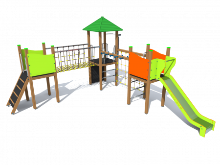 MOBILIER URBAN & LOCURI DE JOACA - BRL36 Clasic Echipament loc de joaca exterior parc din lemn cu 5 Cataratoare Pod de Franghie si Tobogan