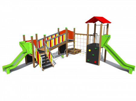 MOBILIER URBAN & LOCURI DE JOACA - BRL38-1 Clasic Echipament loc de joaca exterior parc din lemn cu Scara 3 Cataratoare Pod Activitati Cutie cu Nisip si 2 Tobogane