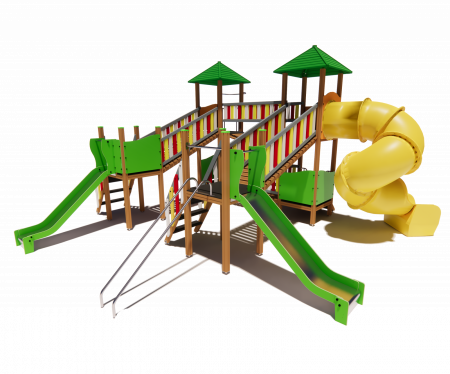 BRL43 Clasic Echipament loc de joaca exterior parc din lemn cu 2 Scari Pod si 3 Tobogane [1]