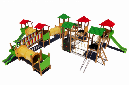BRL9001 Clasic Echipament loc de joaca exterior parc din lemn cu Scara 5 Cataratoare Pod de Franghie Activitati Bancute si 3 Tobogane [3]