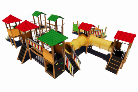 BRL9001 Clasic Echipament loc de joaca exterior parc din lemn cu Scara 5 Cataratoare Pod de Franghie Activitati Bancute si 3 Tobogane [1]