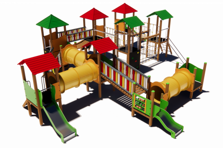 MOBILIER URBAN & LOCURI DE JOACA - BRL9001 Clasic Echipament loc de joaca exterior parc din lemn cu Scara 5 Cataratoare Pod de Franghie Activitati Bancute si 3 Tobogane