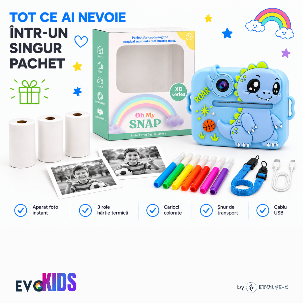 Aparat foto instant pentru copii Evolve-x®, Printare Foto instant, HD 1080p, Ecran 2.4 inch, Video HD, camera selfie, MP3 Player, 4 jocuri integrate, baterie 1200 mAh, USB-C, card de memorie 32GB [13]