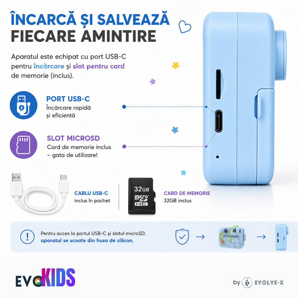 Aparat foto instant pentru copii Evolve-x®, Printare Foto instant, HD 1080p, Ecran 2.4 inch, Video HD, camera selfie, MP3 Player, 4 jocuri integrate, baterie 1200 mAh, USB-C, card de memorie 32GB [11]