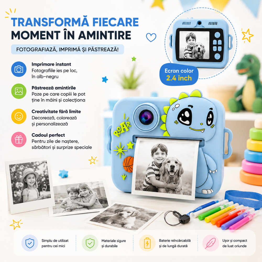 Aparat foto instant pentru copii Evolve-x®, Printare Foto instant, HD 1080p, Ecran 2.4 inch, Video HD, camera selfie, MP3 Player, 4 jocuri integrate, baterie 1200 mAh, USB-C, card de memorie 32GB [5]