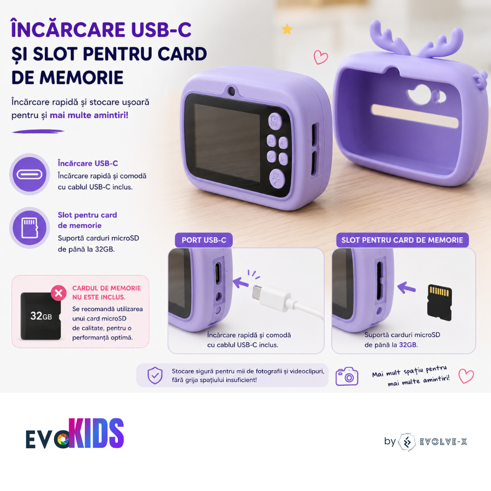 Aparat foto instant pentru copii Evolve-x®, Printare Foto instant, HD 1080p, Ecran 2.4 inch, Video HD, camera selfie, MP3 Player, 4 jocuri integrate, baterie 1200 mAh, USB-C [10]