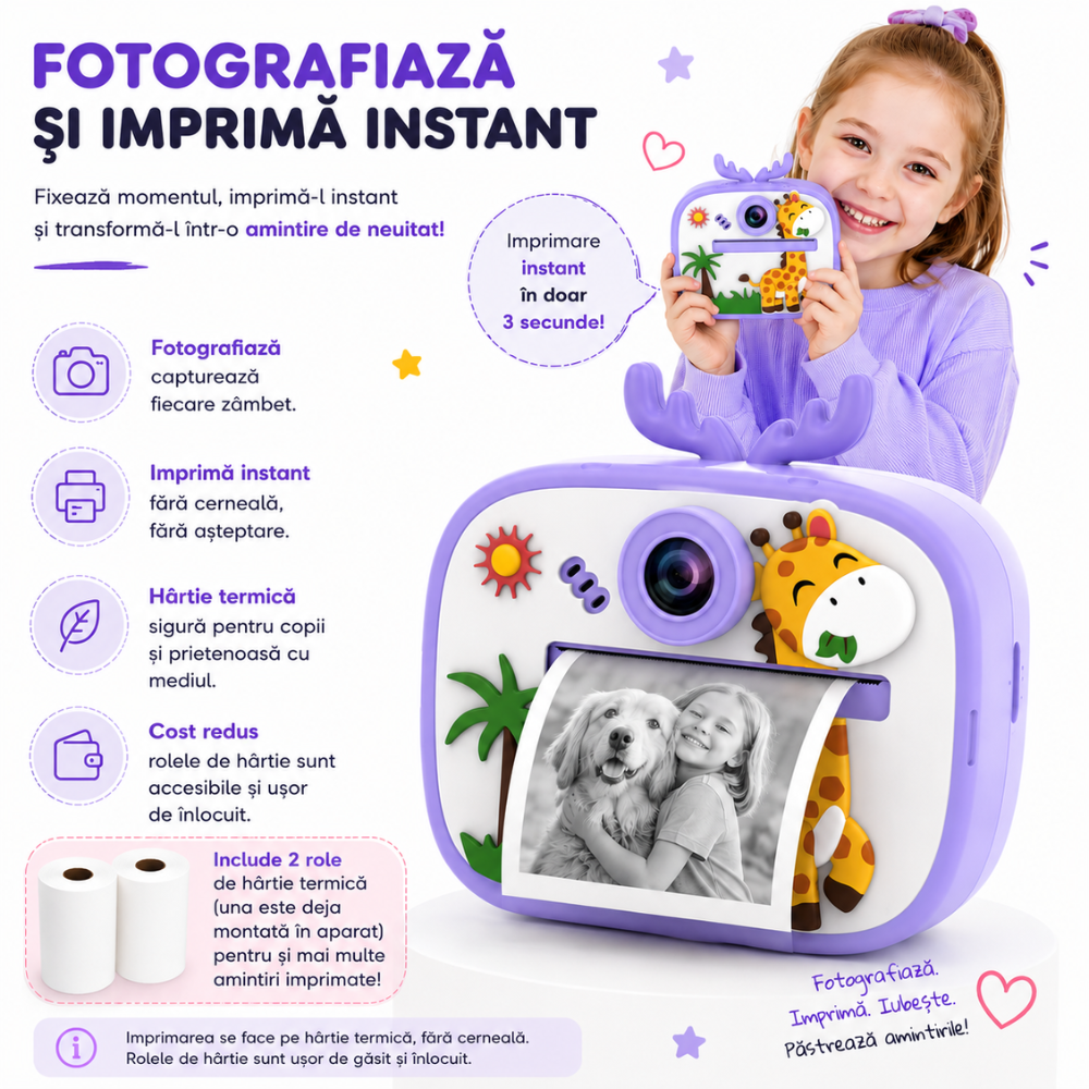 Aparat foto instant pentru copii Evolve-x®, Printare Foto instant, HD 1080p, Ecran 2.4 inch, Video HD, camera selfie, MP3 Player, 4 jocuri integrate, baterie 1200 mAh, USB-C [5]