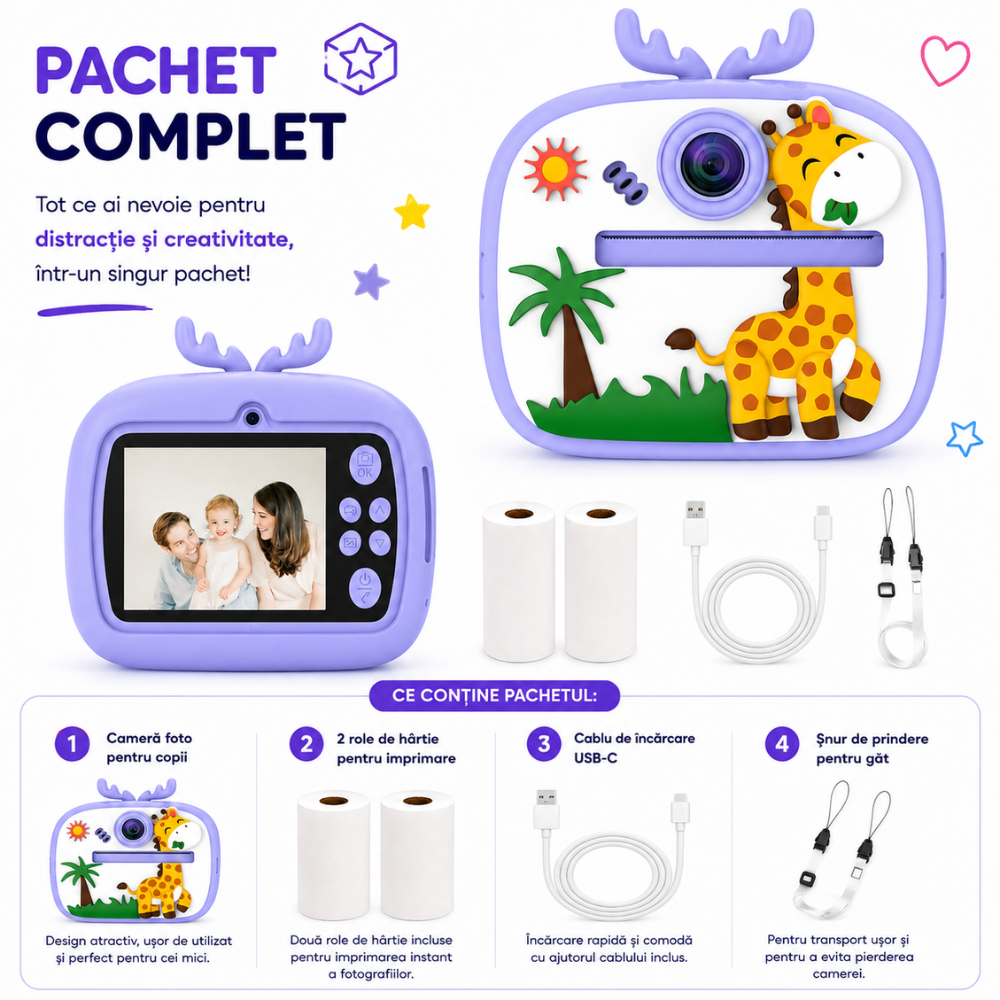 Aparat foto instant pentru copii Evolve-x®, Printare Foto instant, HD 1080p, Ecran 2.4 inch, Video HD, camera selfie, MP3 Player, 4 jocuri integrate, baterie 1200 mAh, USB-C [11]