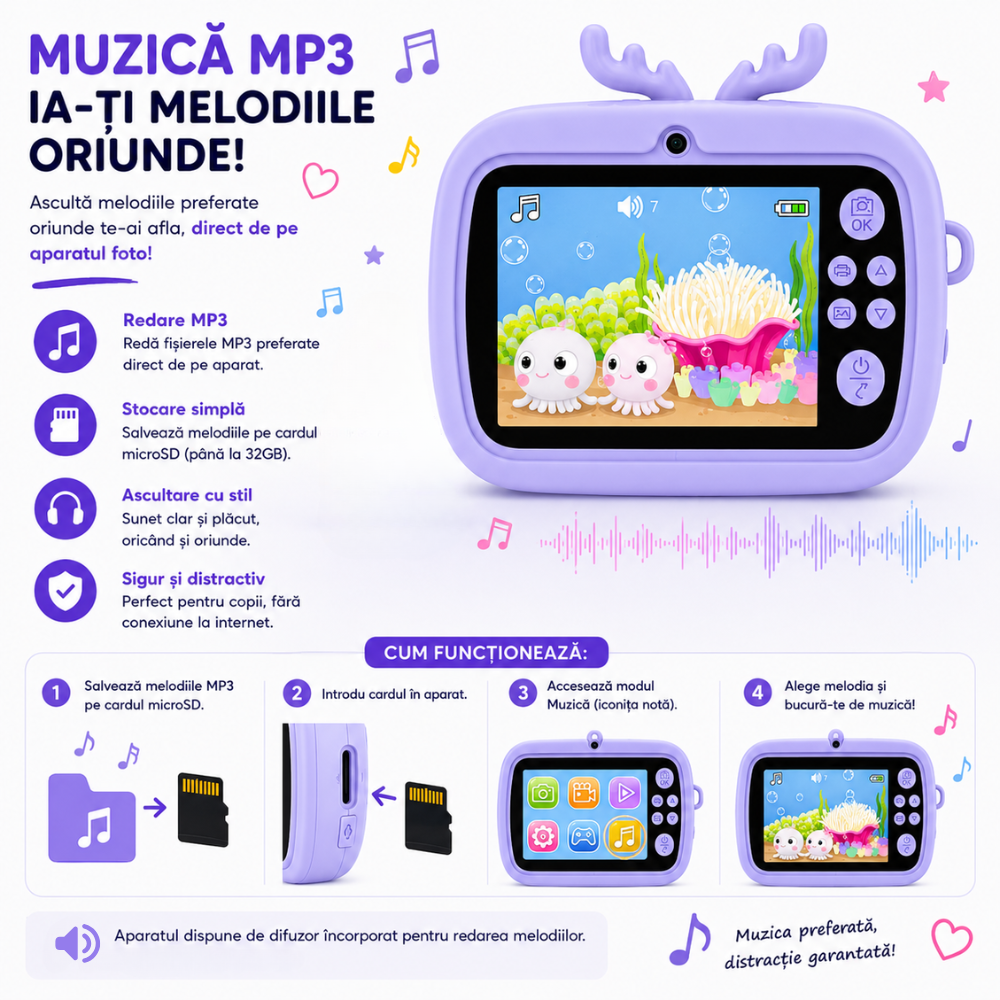 Aparat foto instant pentru copii Evolve-x®, Printare Foto instant, HD 1080p, Ecran 2.4 inch, Video HD, camera selfie, MP3 Player, 4 jocuri integrate, baterie 1200 mAh, USB-C [9]