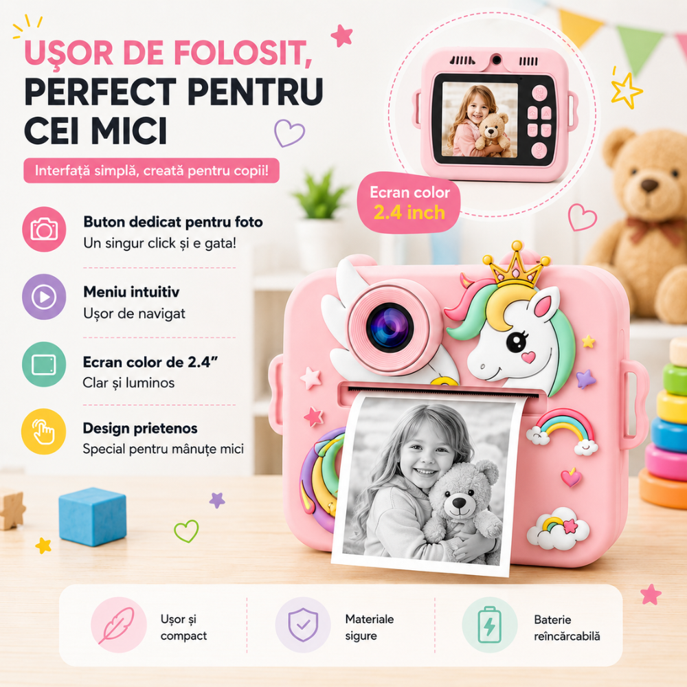 Aparat foto instant pentru copii Evolve-x®, Printare Foto instant, HD 1080p, Ecran 2.4 inch, Video HD, camera selfie, MP3 Player, 4 jocuri integrate, baterie 1200 mAh, USB-C, card de memorie 32GB [4]