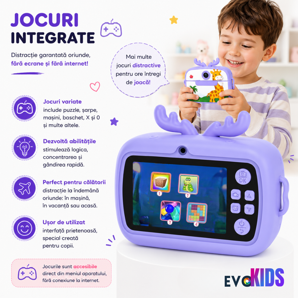 Aparat foto instant pentru copii Evolve-x®, Printare Foto instant, HD 1080p, Ecran 2.4 inch, Video HD, camera selfie, MP3 Player, 4 jocuri integrate, baterie 1200 mAh, USB-C [8]
