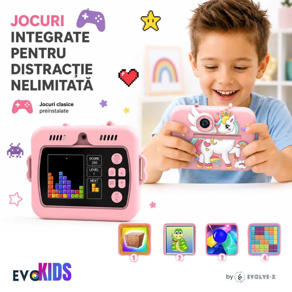 Aparat foto instant pentru copii Evolve-x®, Printare Foto instant, HD 1080p, Ecran 2.4 inch, Video HD, camera selfie, MP3 Player, 4 jocuri integrate, baterie 1200 mAh, USB-C, card de memorie 32GB [9]