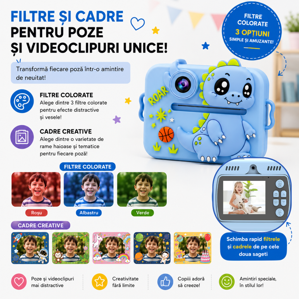Aparat foto instant pentru copii Evolve-x®, Printare Foto instant, HD 1080p, Ecran 2.4 inch, Video HD, camera selfie, MP3 Player, 4 jocuri integrate, baterie 1200 mAh, USB-C, card de memorie 32GB [9]