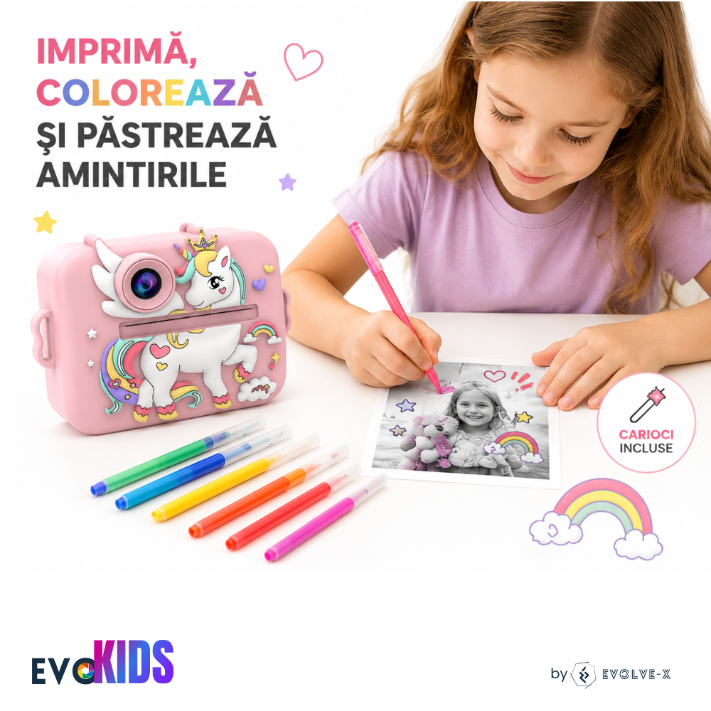 Aparat foto instant pentru copii Evolve-x®, Printare Foto instant, HD 1080p, Ecran 2.4 inch, Video HD, camera selfie, MP3 Player, 4 jocuri integrate, baterie 1200 mAh, USB-C, card de memorie 32GB [6]