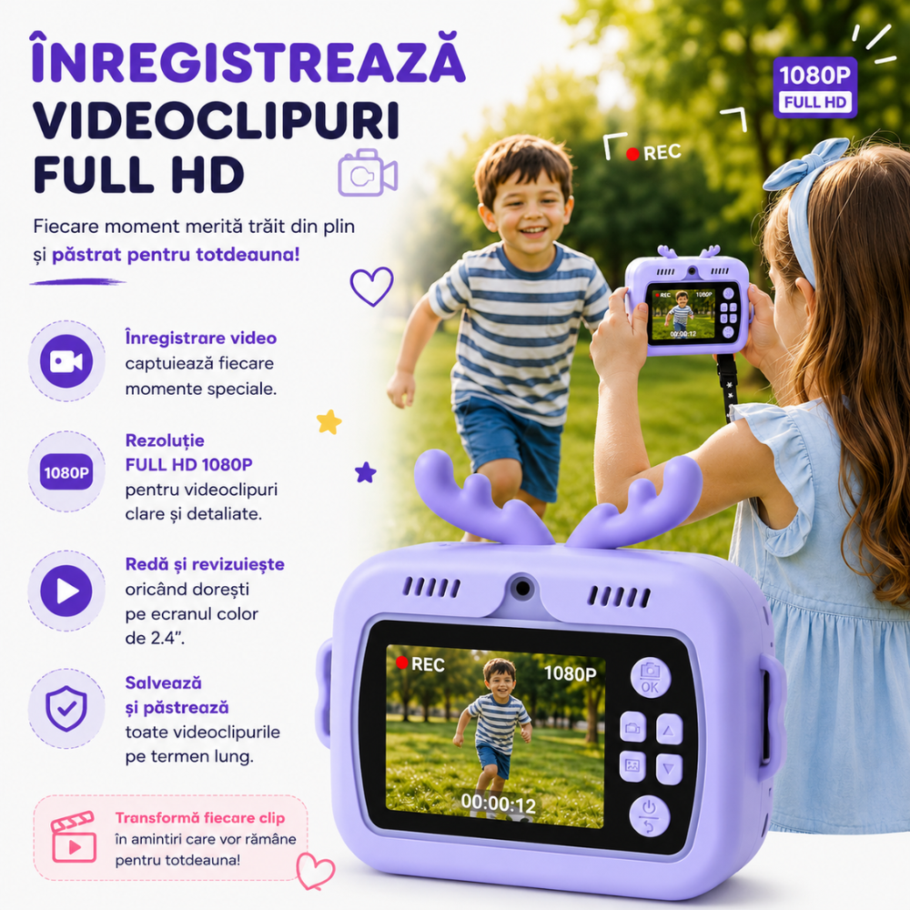 Aparat foto instant pentru copii Evolve-x®, Printare Foto instant, HD 1080p, Ecran 2.4 inch, Video HD, camera selfie, MP3 Player, 4 jocuri integrate, baterie 1200 mAh, USB-C [6]