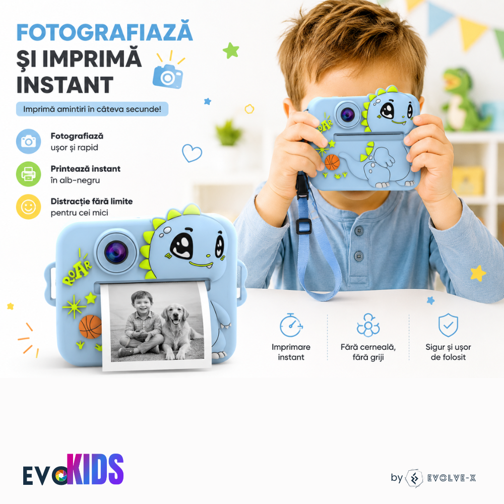 Aparat foto instant pentru copii Evolve-x®, Printare Foto instant, HD 1080p, Ecran 2.4 inch, Video HD, camera selfie, MP3 Player, 4 jocuri integrate, baterie 1200 mAh, USB-C, card de memorie 32GB [6]