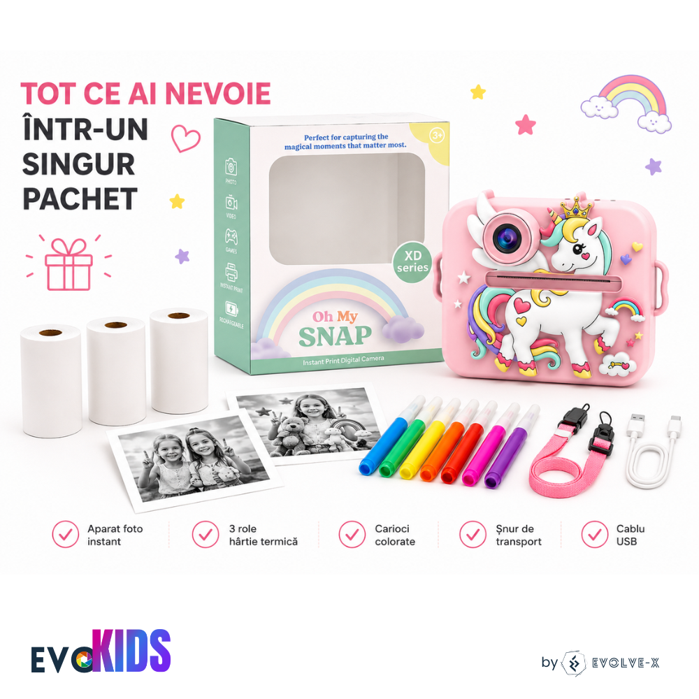 Aparat foto instant pentru copii Evolve-x®, Printare Foto instant, HD 1080p, Ecran 2.4 inch, Video HD, camera selfie, MP3 Player, 4 jocuri integrate, baterie 1200 mAh, USB-C, card de memorie 32GB [12]