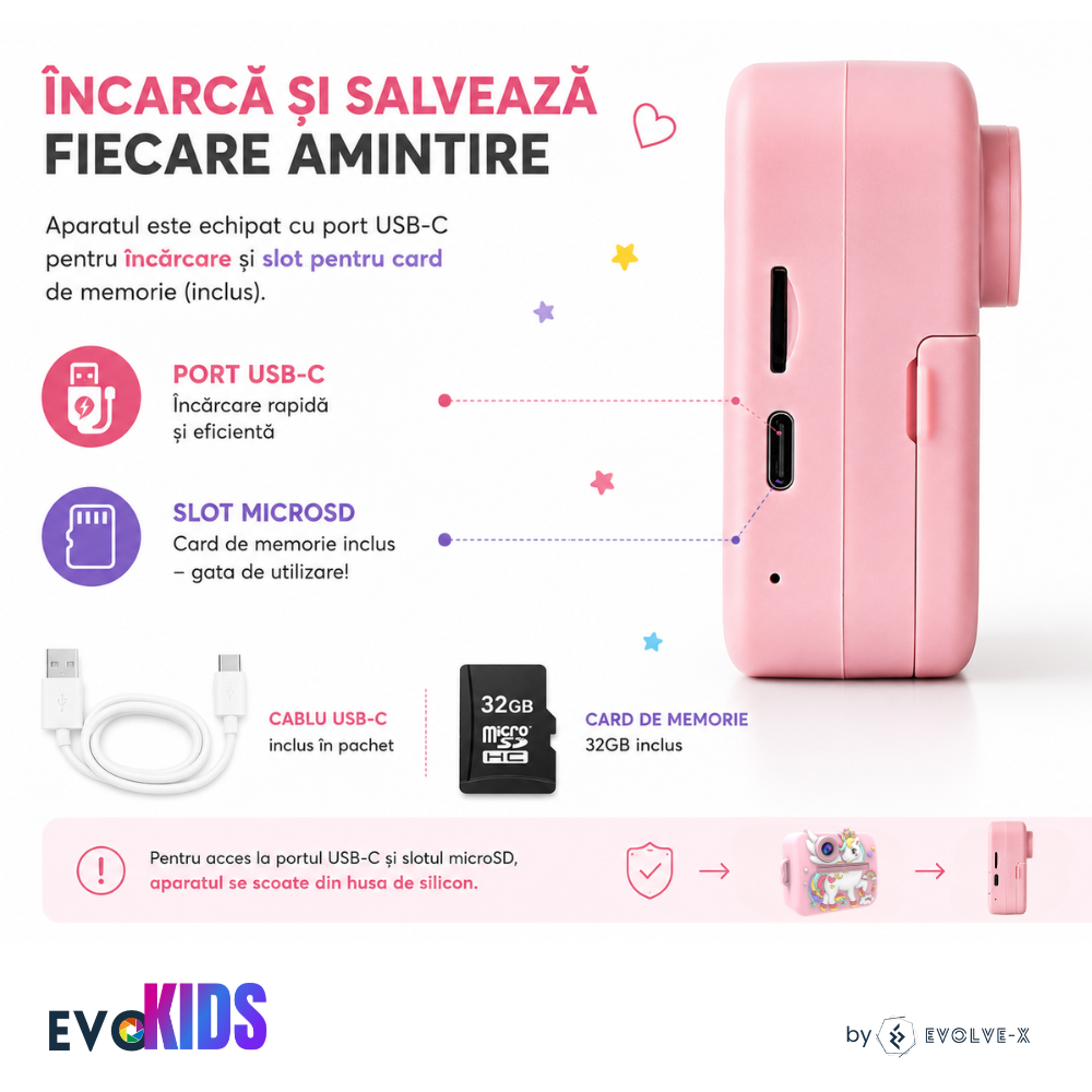 Aparat foto instant pentru copii Evolve-x®, Printare Foto instant, HD 1080p, Ecran 2.4 inch, Video HD, camera selfie, MP3 Player, 4 jocuri integrate, baterie 1200 mAh, USB-C, card de memorie 32GB [10]