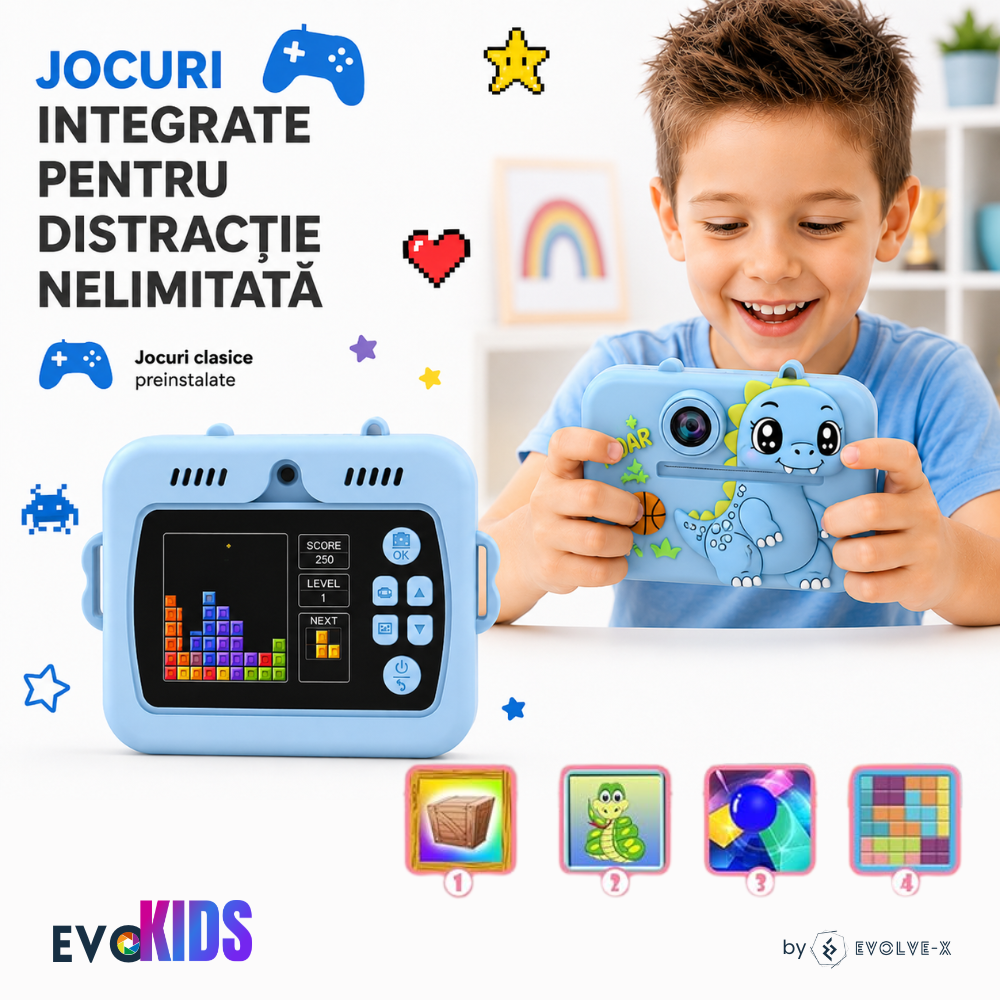 Aparat foto instant pentru copii Evolve-x®, Printare Foto instant, HD 1080p, Ecran 2.4 inch, Video HD, camera selfie, MP3 Player, 4 jocuri integrate, baterie 1200 mAh, USB-C, card de memorie 32GB [10]