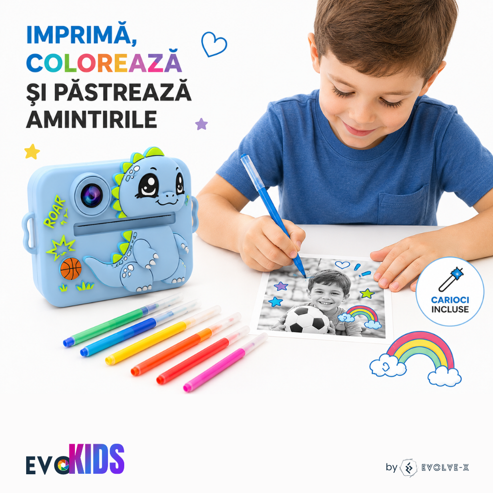 Aparat foto instant pentru copii Evolve-x®, Printare Foto instant, HD 1080p, Ecran 2.4 inch, Video HD, camera selfie, MP3 Player, 4 jocuri integrate, baterie 1200 mAh, USB-C, card de memorie 32GB [7]