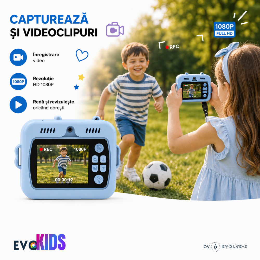 Aparat foto instant pentru copii Evolve-x®, Printare Foto instant, HD 1080p, Ecran 2.4 inch, Video HD, camera selfie, MP3 Player, 4 jocuri integrate, baterie 1200 mAh, USB-C, card de memorie 32GB [8]