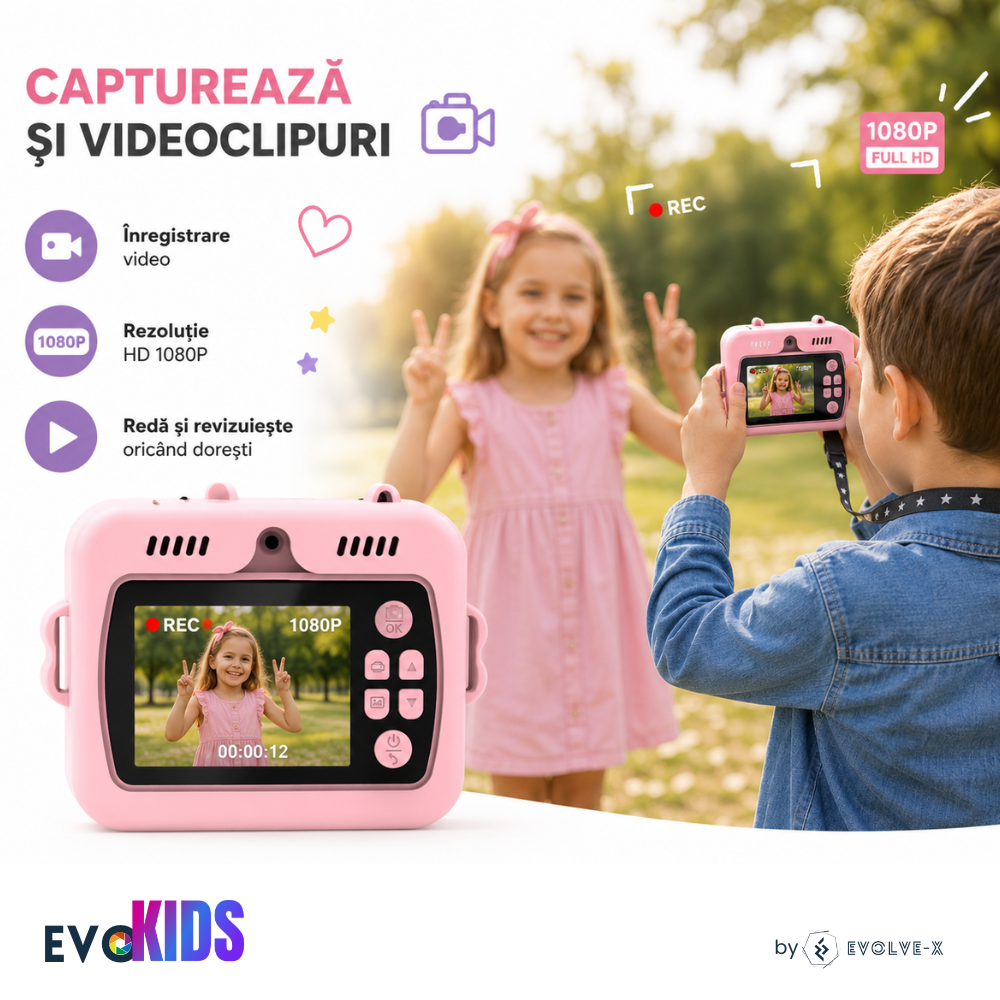 Aparat foto instant pentru copii Evolve-x®, Printare Foto instant, HD 1080p, Ecran 2.4 inch, Video HD, camera selfie, MP3 Player, 4 jocuri integrate, baterie 1200 mAh, USB-C, card de memorie 32GB [7]