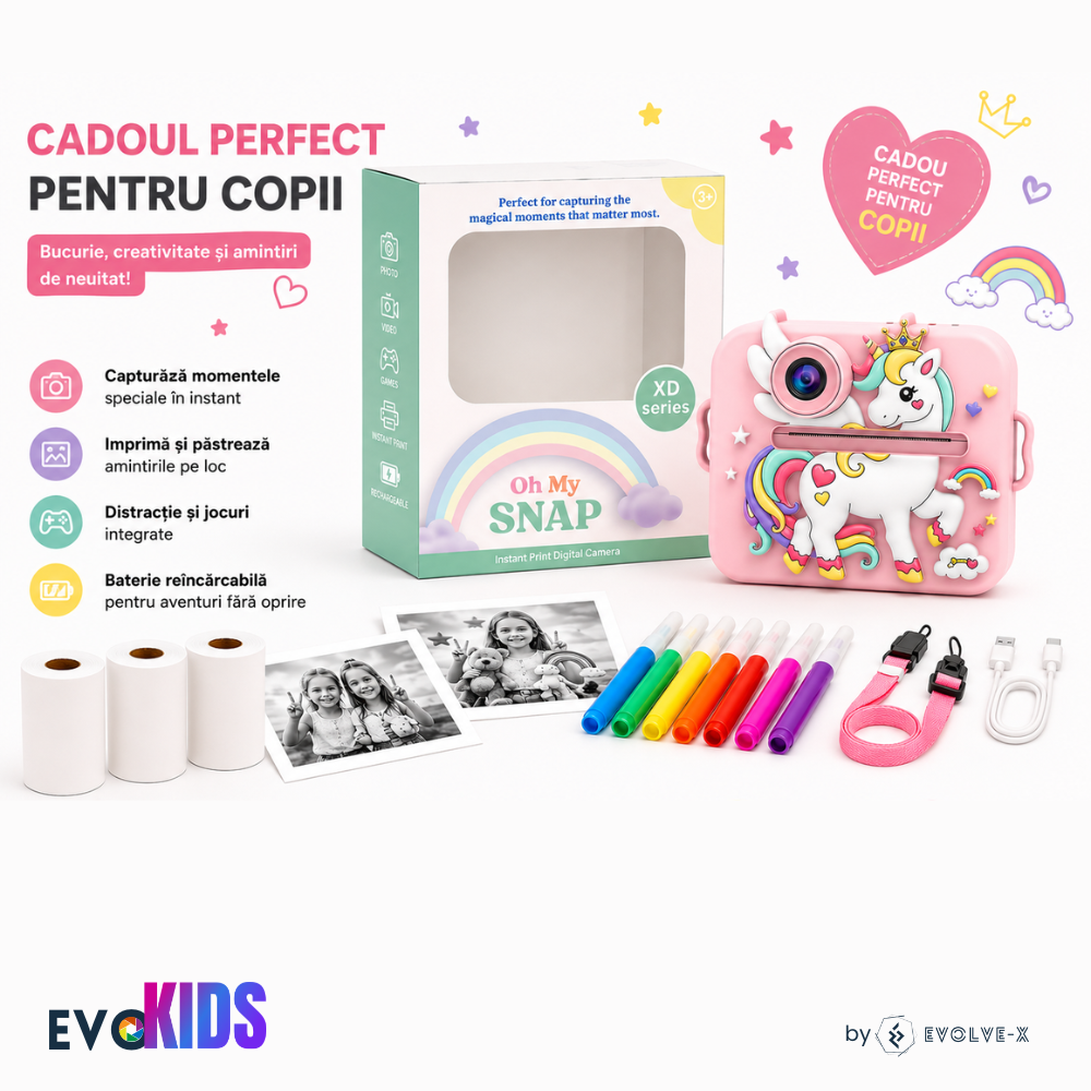 Aparat foto instant pentru copii Evolve-x®, Printare Foto instant, HD 1080p, Ecran 2.4 inch, Video HD, camera selfie, MP3 Player, 4 jocuri integrate, baterie 1200 mAh, USB-C, card de memorie 32GB [13]