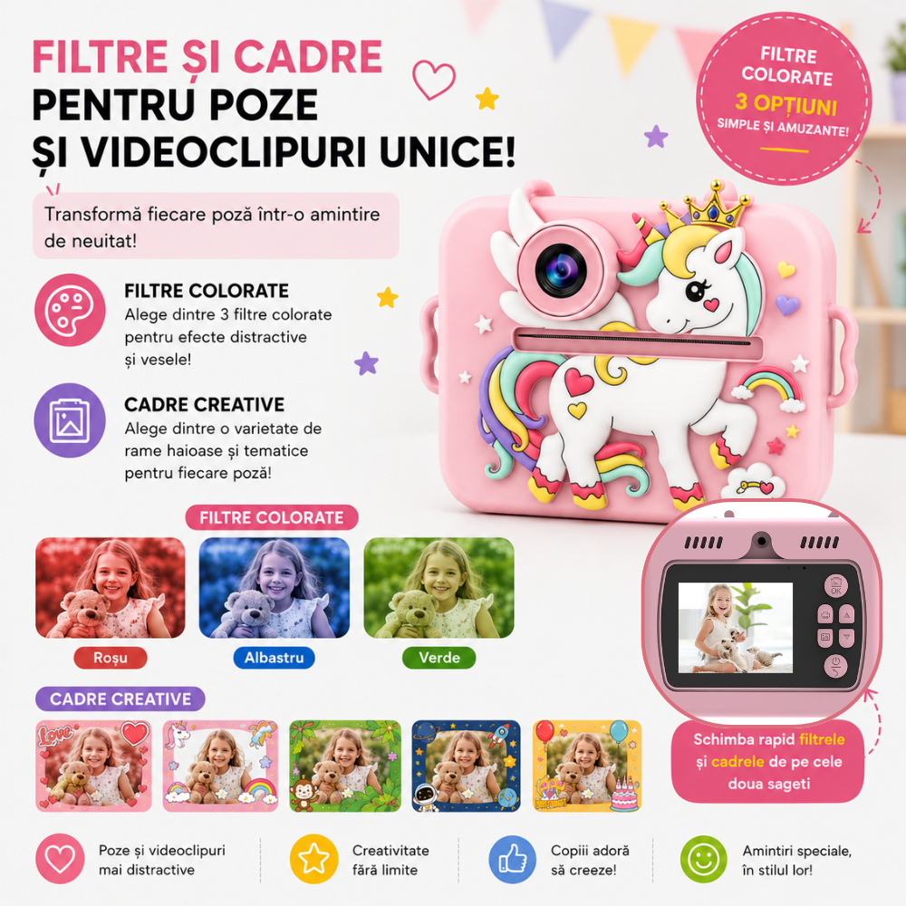 Aparat foto instant pentru copii Evolve-x®, Printare Foto instant, HD 1080p, Ecran 2.4 inch, Video HD, camera selfie, MP3 Player, 4 jocuri integrate, baterie 1200 mAh, USB-C, card de memorie 32GB [8]