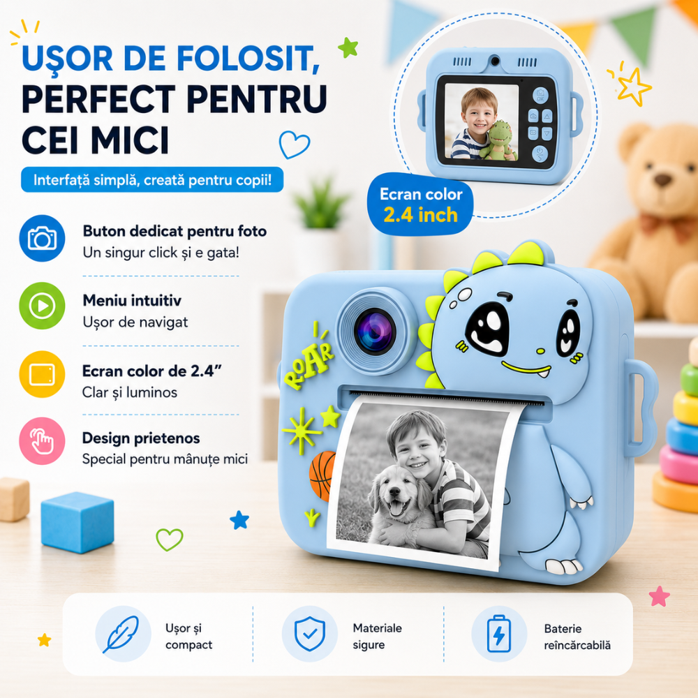 Aparat foto instant pentru copii Evolve-x®, Printare Foto instant, HD 1080p, Ecran 2.4 inch, Video HD, camera selfie, MP3 Player, 4 jocuri integrate, baterie 1200 mAh, USB-C, card de memorie 32GB [4]