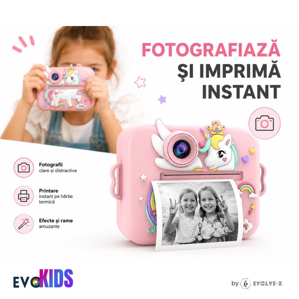 Aparat foto instant pentru copii Evolve-x®, Printare Foto instant, HD 1080p, Ecran 2.4 inch, Video HD, camera selfie, MP3 Player, 4 jocuri integrate, baterie 1200 mAh, USB-C, card de memorie 32GB [5]
