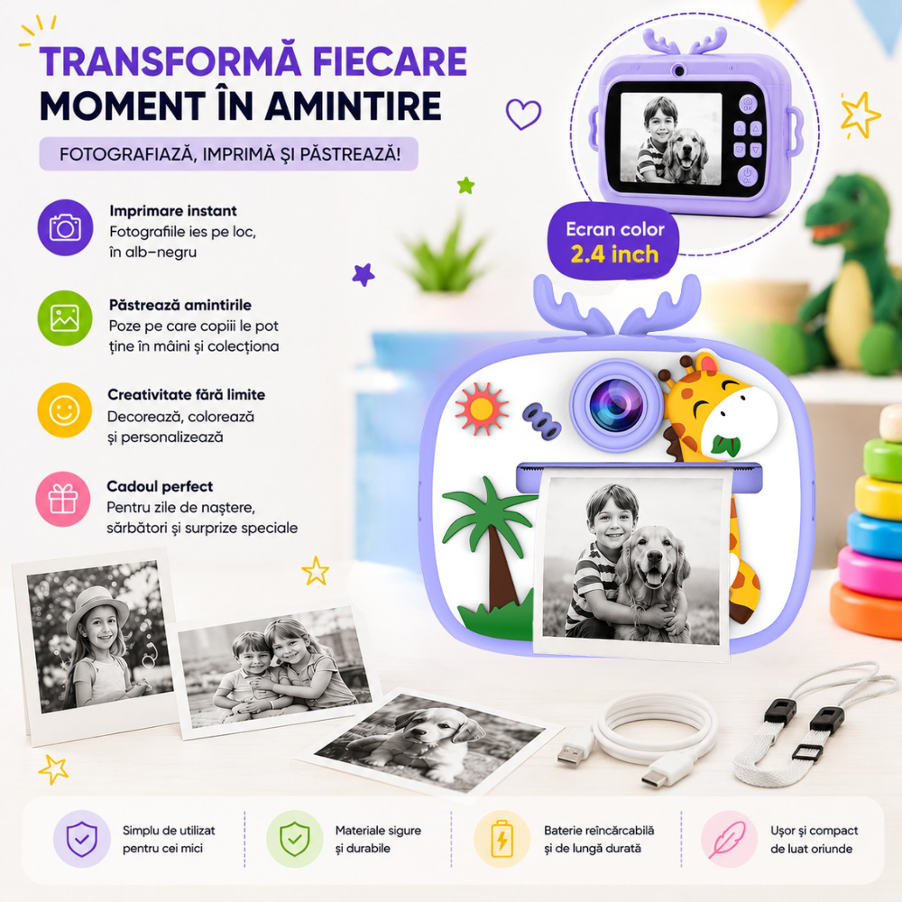 Aparat foto instant pentru copii Evolve-x®, Printare Foto instant, HD 1080p, Ecran 2.4 inch, Video HD, camera selfie, MP3 Player, 4 jocuri integrate, baterie 1200 mAh, USB-C [4]