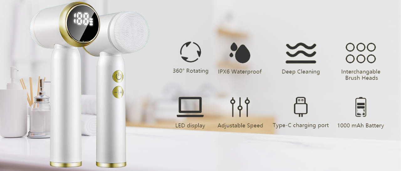 Aparat pentru curatarea si masajul tenului Evolve-x®, cu perie rotativa 360 de grade, 3 viteze, masaj facial, exfoliere, rezistent la apa, cu 6 capete incluse, display LED si acumulator, alb [9]