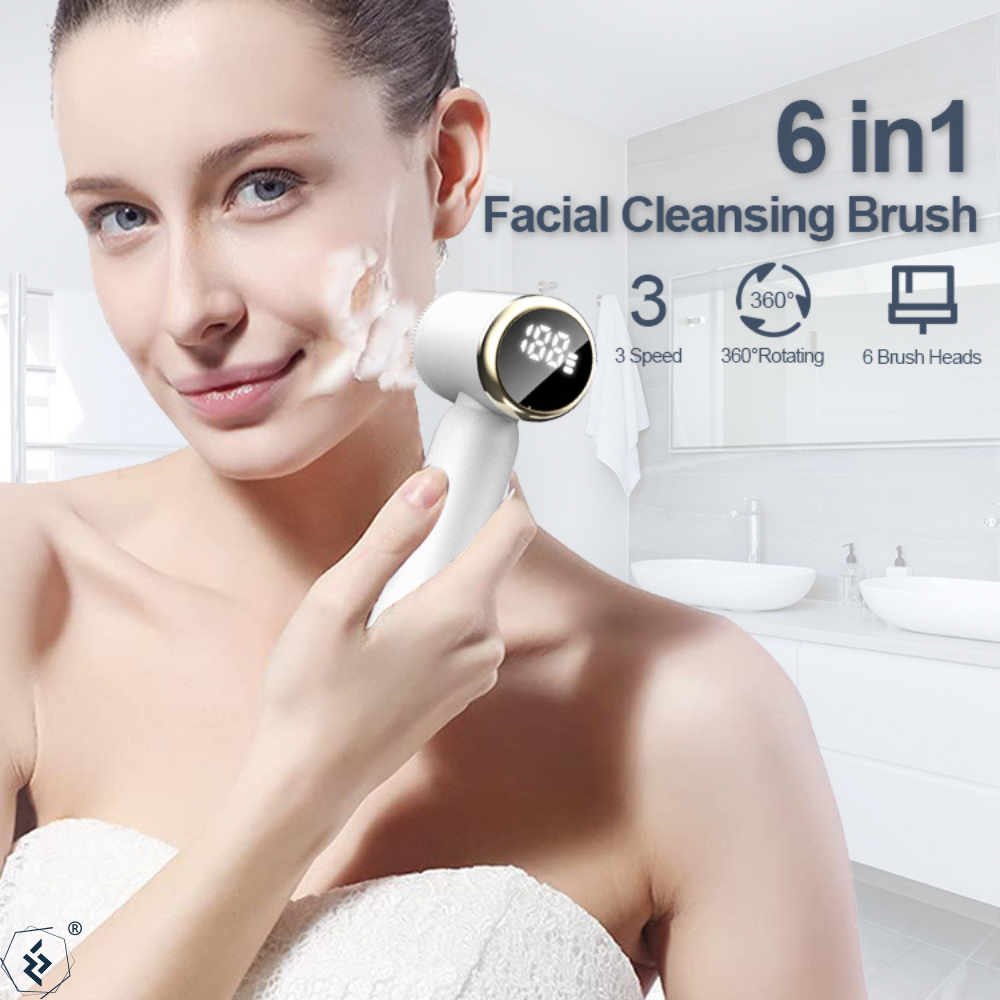 Aparat pentru curatarea si masajul tenului Evolve-x®, cu perie rotativa 360 de grade, 3 viteze, masaj facial, exfoliere, rezistent la apa, cu 6 capete incluse, display LED si acumulator, alb [4]
