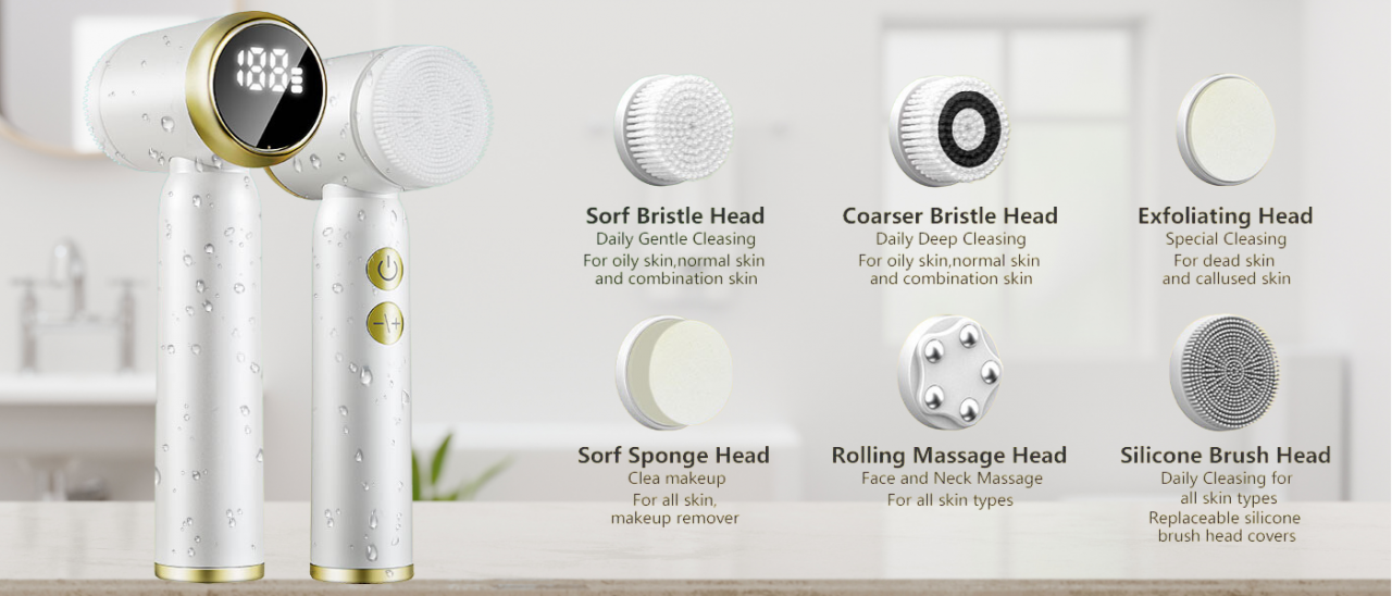 Aparat pentru curatarea si masajul tenului Evolve-x®, cu perie rotativa 360 de grade, 3 viteze, masaj facial, exfoliere, rezistent la apa, cu 6 capete incluse, display LED si acumulator, alb [8]