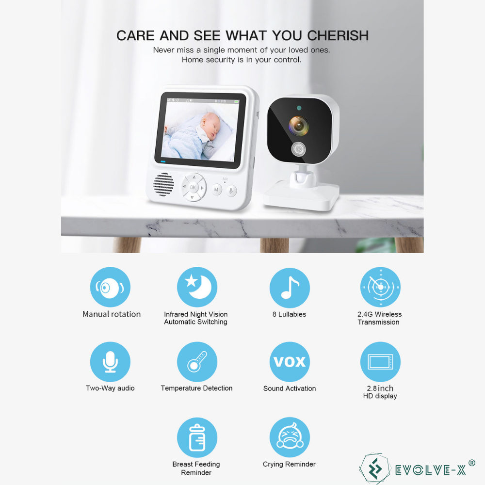 Baby Monitor wireless Evolve-x®, Monitorizare video si audio pentru bebelusi, Ecran HD 2.8 Inch, Senzor temperatura, Audio bidirectional, Vedere nocturna, Notificare hranire, Detectie Plans, 8 cantece [2]