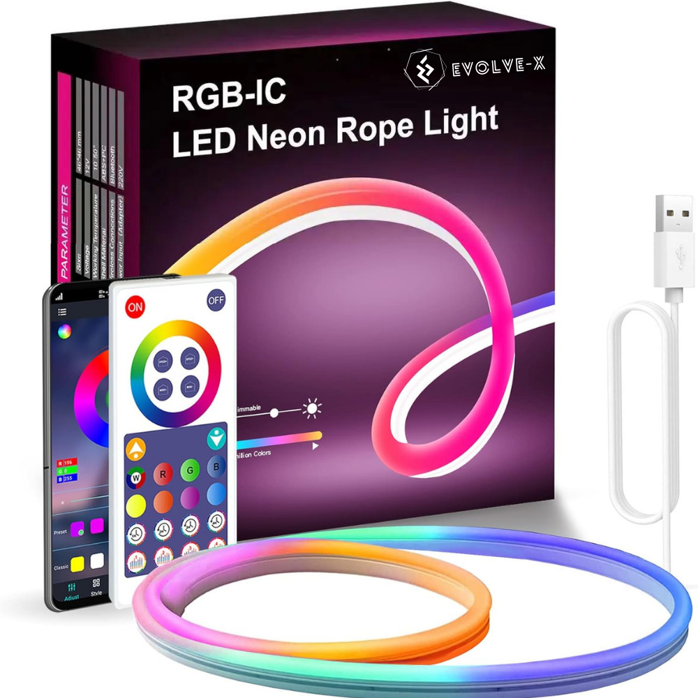 Banda LED Neon RGBIC inteligenta Evolve-x® EvoLuxe, 3 metri, exterior/interior, sincronizare muzica, control vocal, compatibil Alexa/Google Assistant, IP68, Aplicatie Wi-Fi Tuya si telecomanda [1]