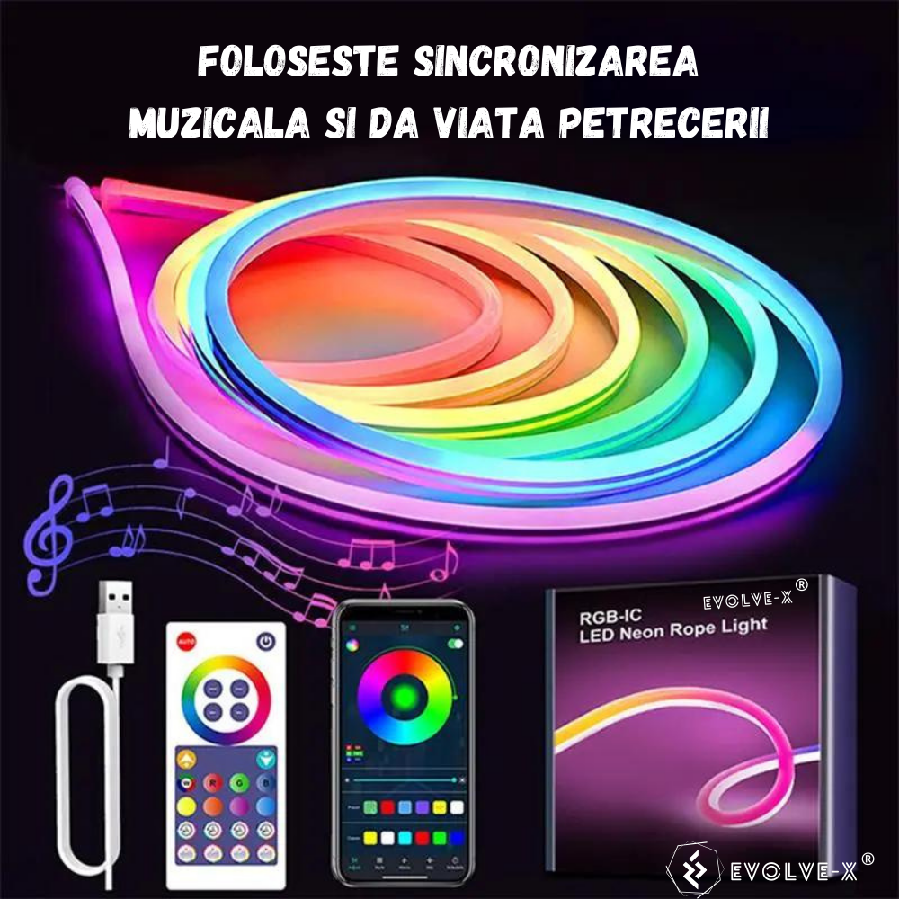 Banda LED Neon RGBIC inteligenta Evolve-x® EvoLuxe, 3 metri, exterior/interior, sincronizare muzica, control vocal, compatibil Alexa/Google Assistant, IP68, Aplicatie Wi-Fi Tuya si telecomanda [7]
