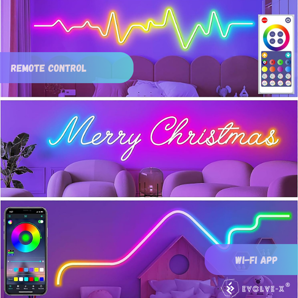 Banda LED Neon RGBIC inteligenta Evolve-x® EvoLuxe, 5 metri, exterior/interior, sincronizare muzica, control vocal, compatibil Alexa/Google Assistant, IP68, Aplicatie Wi-Fi Tuya si telecomanda [9]