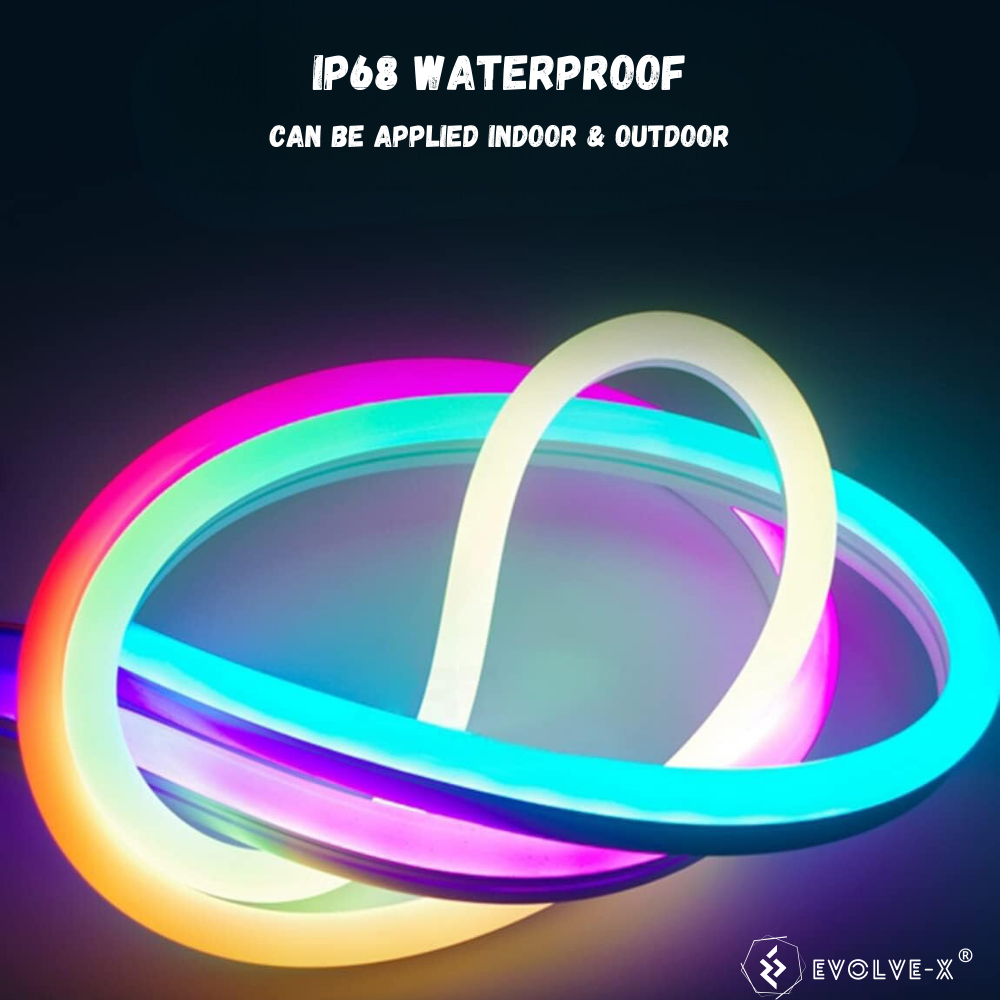 Banda LED Neon RGBIC inteligenta Evolve-x® EvoLuxe, 5 metri, exterior/interior, sincronizare muzica, control vocal, compatibil Alexa/Google Assistant, IP68, Aplicatie Wi-Fi Tuya si telecomanda [10]