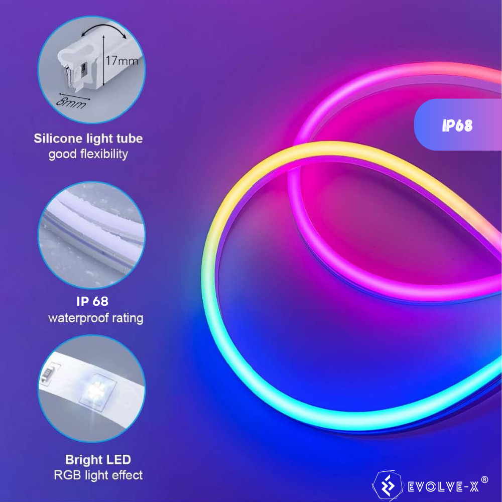 Banda LED Neon RGBIC inteligenta Evolve-x® EvoLuxe, 5 metri, exterior/interior, sincronizare muzica, control vocal, compatibil Alexa/Google Assistant, IP68, Aplicatie Wi-Fi Tuya si telecomanda [7]