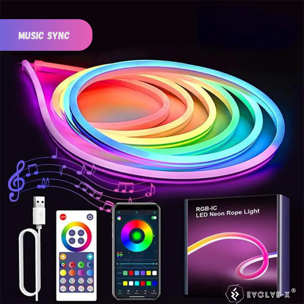 Banda LED Neon RGBIC inteligenta Evolve-x® EvoLuxe, 5 metri, exterior/interior, sincronizare muzica, control vocal, compatibil Alexa/Google Assistant, IP68, Aplicatie Wi-Fi Tuya si telecomanda [5]