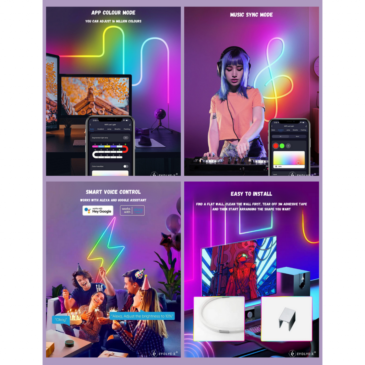 Banda LED Neon RGBIC inteligenta Evolve-x® EvoLuxe, 5 metri, exterior/interior, sincronizare muzica, control vocal, compatibil Alexa/Google Assistant, IP68, Aplicatie Wi-Fi Tuya si telecomanda [4]