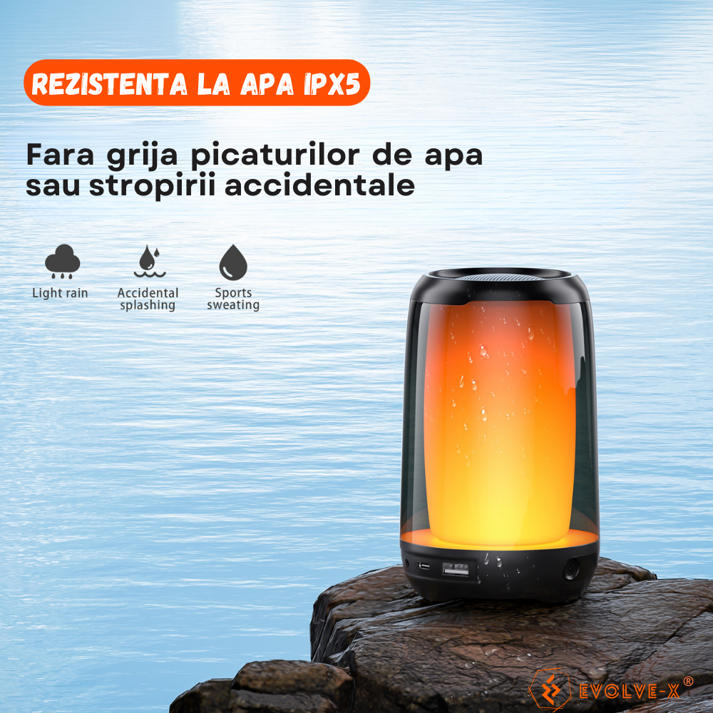 Boxa portabila Evolve-x® QERE Pulse, Lumini RGB 360°si efect de flacara, Bluetooth 5.3, Rezistenta la apa IPX5, Slot USB si card MicroSD, acumulator 3600 mAh, Negru [8]